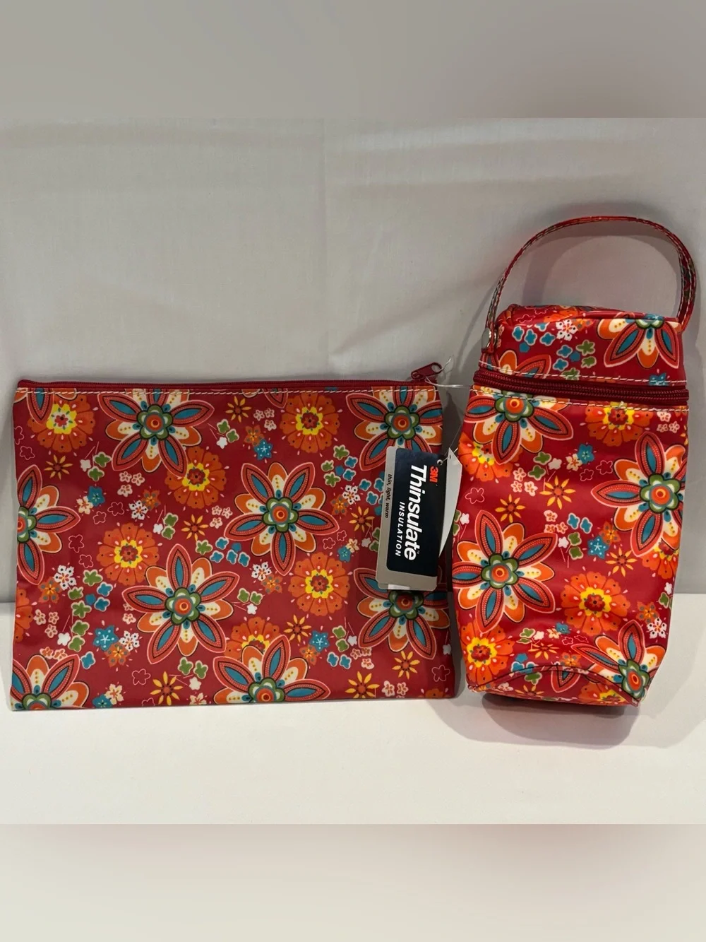NWT Kalencom New Orleans Red Floral Insulated Bottle Holder Bag Zipper Pouch Set